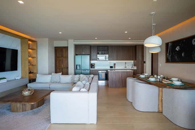 Ana y Jose contemporary living room, sofa, television, shelving, open spaces Condo Island Mujeres